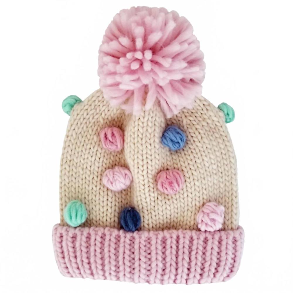 NEW HUGGALUGS baby girls popcorn and pompom hat in ivory/pink/blue